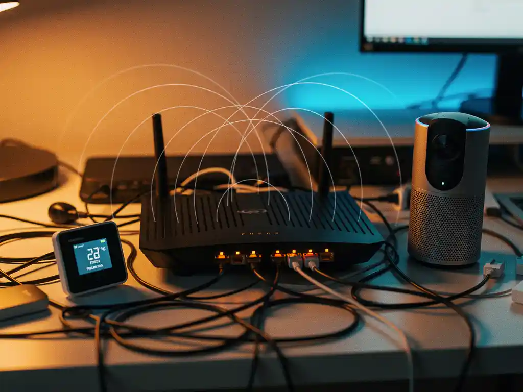 Cluttered office desk with smart home devices including router with orange LED lights, thermostat, security camera, and voice assistant amid tangled ethernet cables