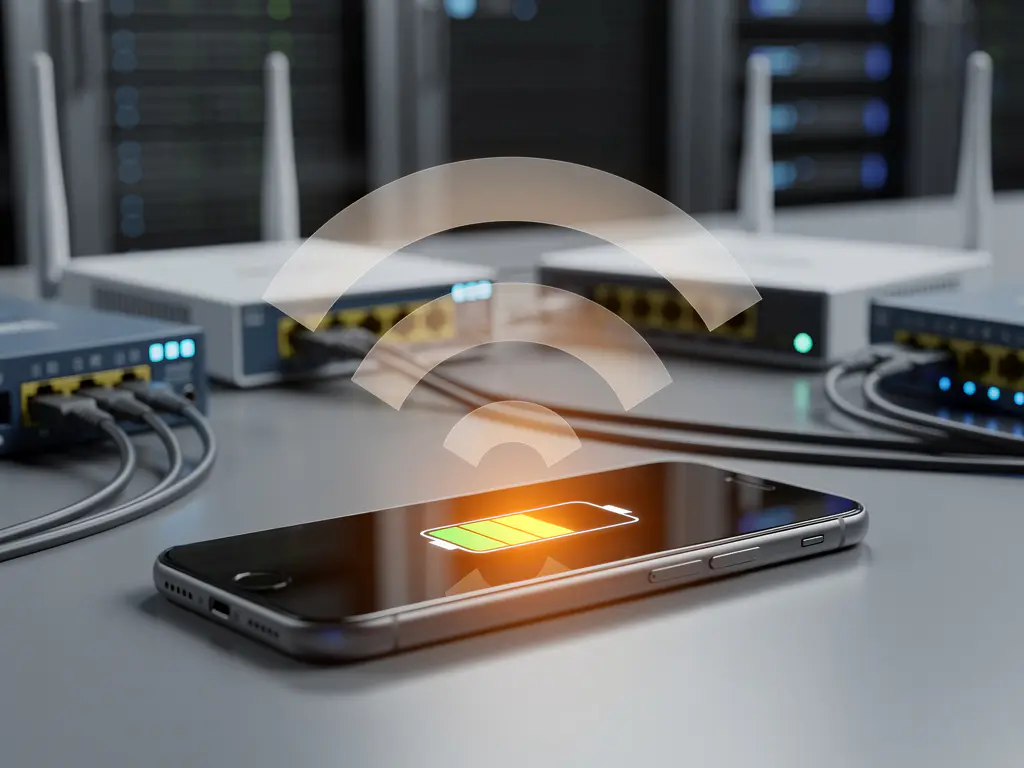 Smartphone with draining battery indicator on IT desk surrounded by wireless routers and network equipment with glowing screens