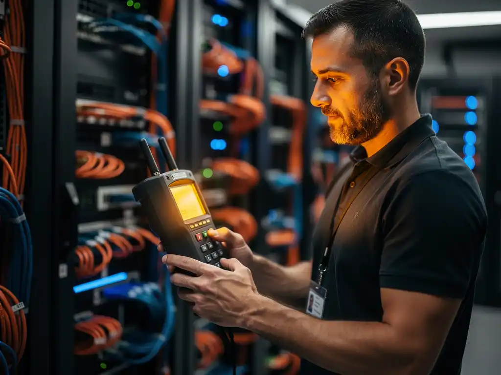 IT technician operating spectrum analyzer in data center with orange and blue cable management systems and server racks