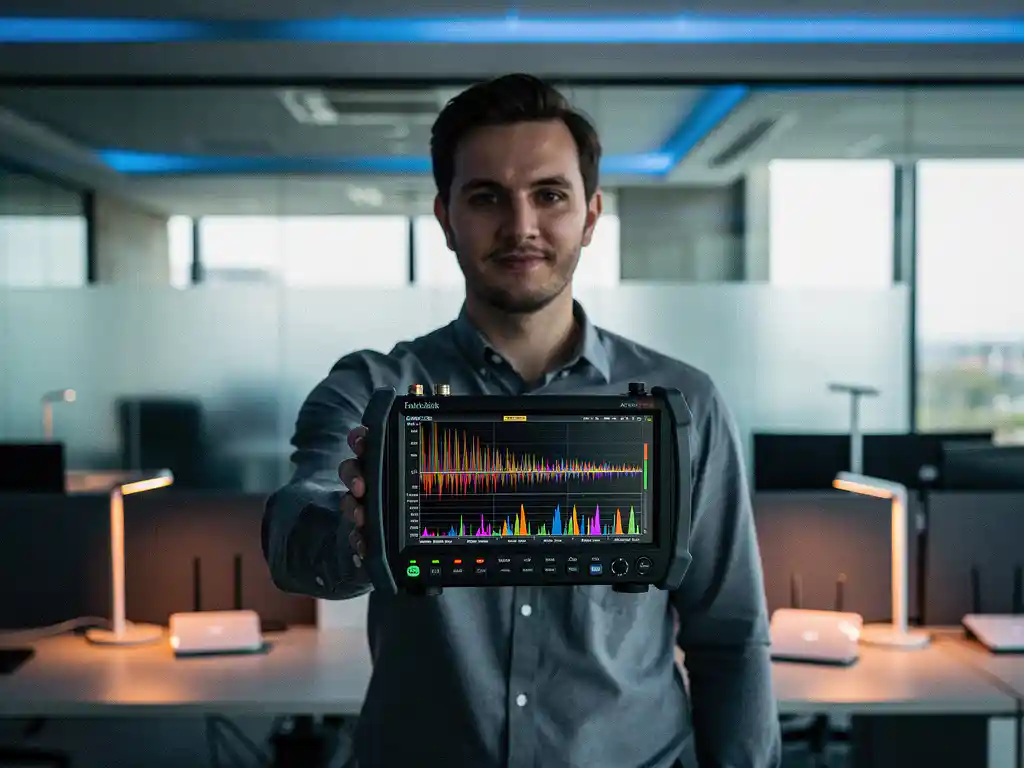 IT technician holds spectrum analyzer showing colorful wave patterns in modern office with wireless routers and blue-orange lighting