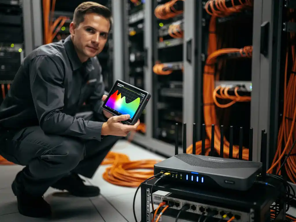 IT technician using spectrum analyzer to test wireless router signals in corporate data center with server racks