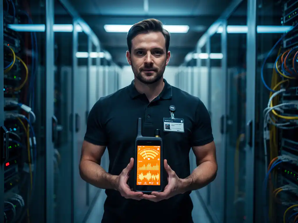IT technician holding Wi-Fi analyzer device with orange display in modern data center with blue LED-lit server racks