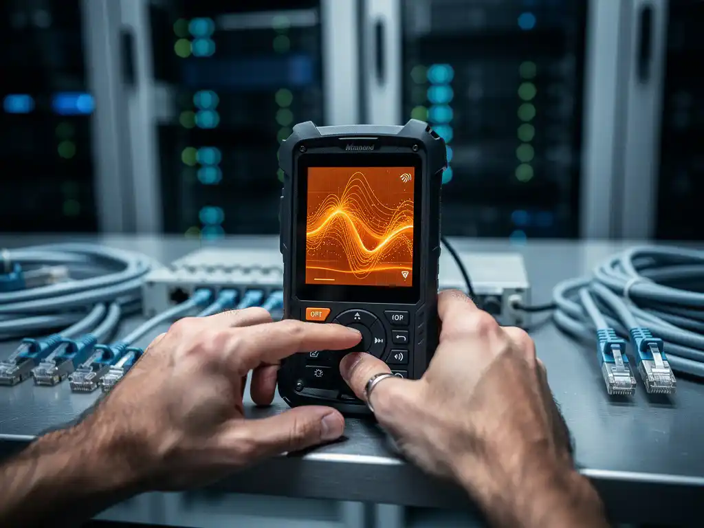 Professional WiFi analyzer with orange display showing signal waves on data center workbench with network equipment and cables