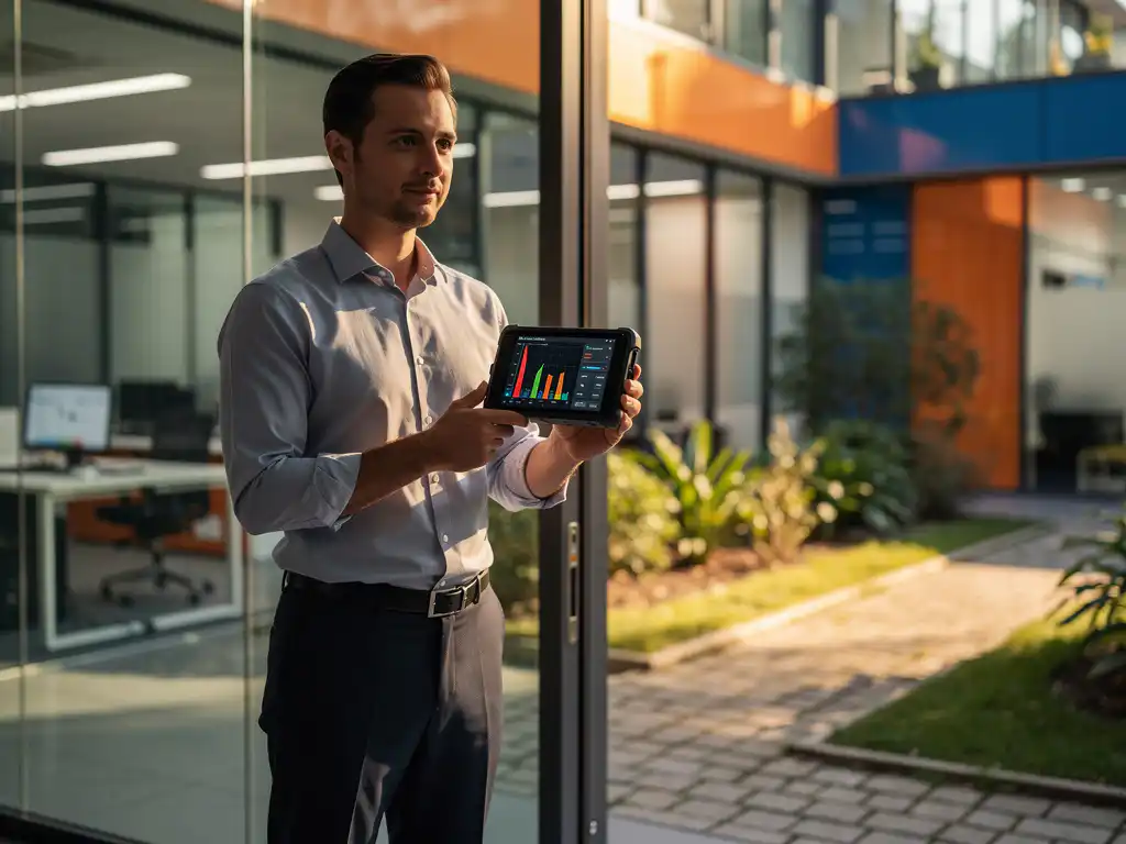 IT technician holding wifi analyzer device at modern office building entrance, screen displaying signal readings in natural afternoon light