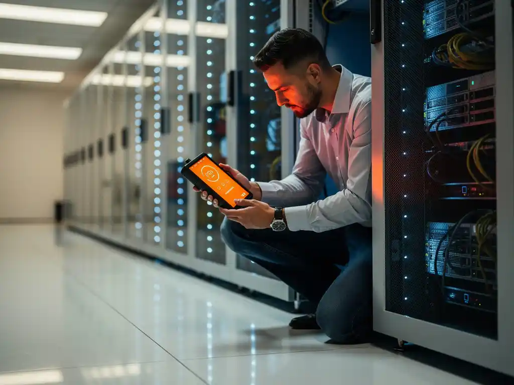 IT technician using wifi analyzer device with orange display screen next to server rack in modern data center
