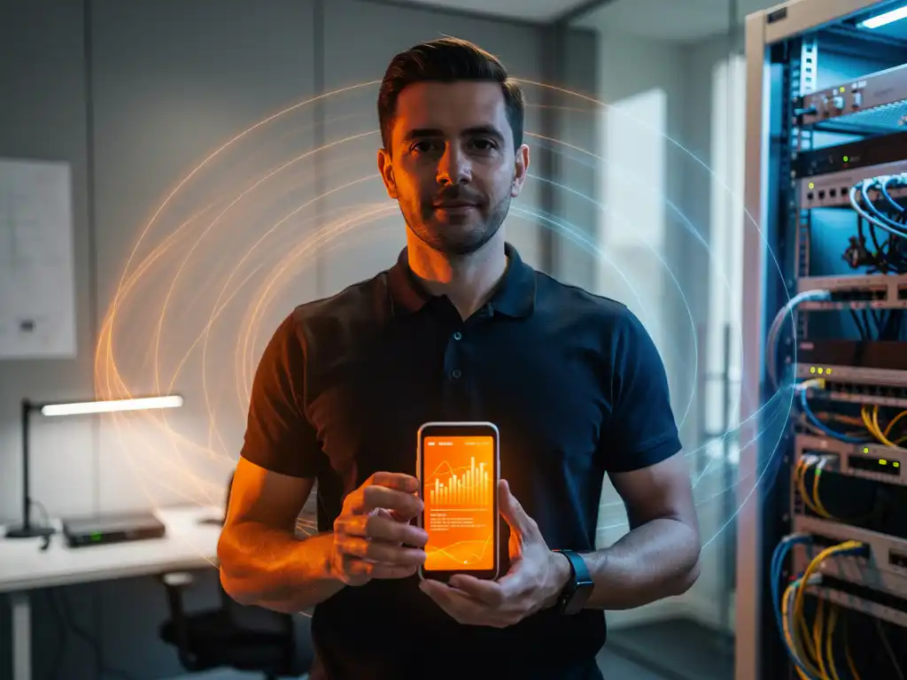 IT technician using handheld WiFi analyzer with orange display in modern office with wireless signal interference patterns