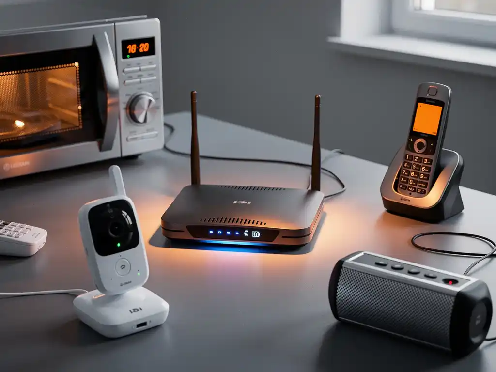 Cluttered office desk with wireless router surrounded by interference-causing devices including microwave, baby monitor, cordless phone, and Bluetooth speaker with glowing orange and blue LED lights