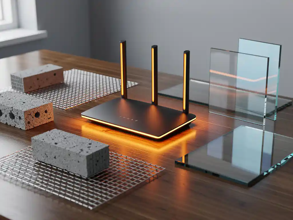 WiFi router with orange glowing antennas on wooden desk surrounded by concrete blocks, metal mesh, and glass panels demonstrating signal interference patterns
