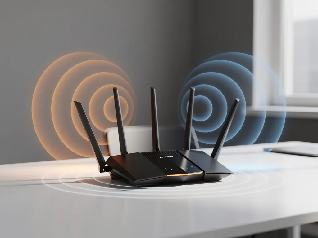 Modern black router with multiple antennas on white desk with overlapping orange and blue wifi signal waves in office setting
