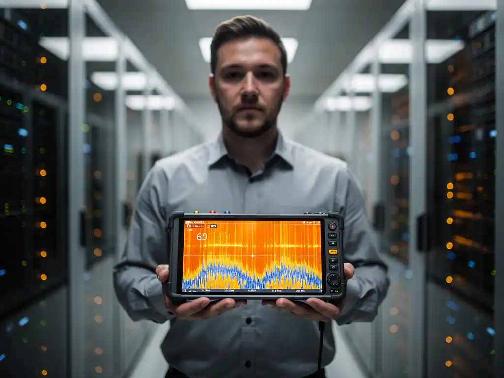 IT technician using spectrum analyzer with orange display to detect wifi interference patterns in modern server room