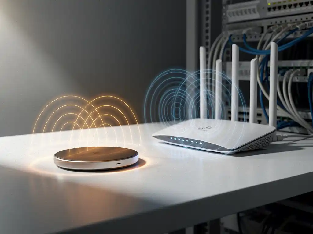Wireless charging pad and WiFi router on white desk with glowing amber interference patterns in professional IT workspace