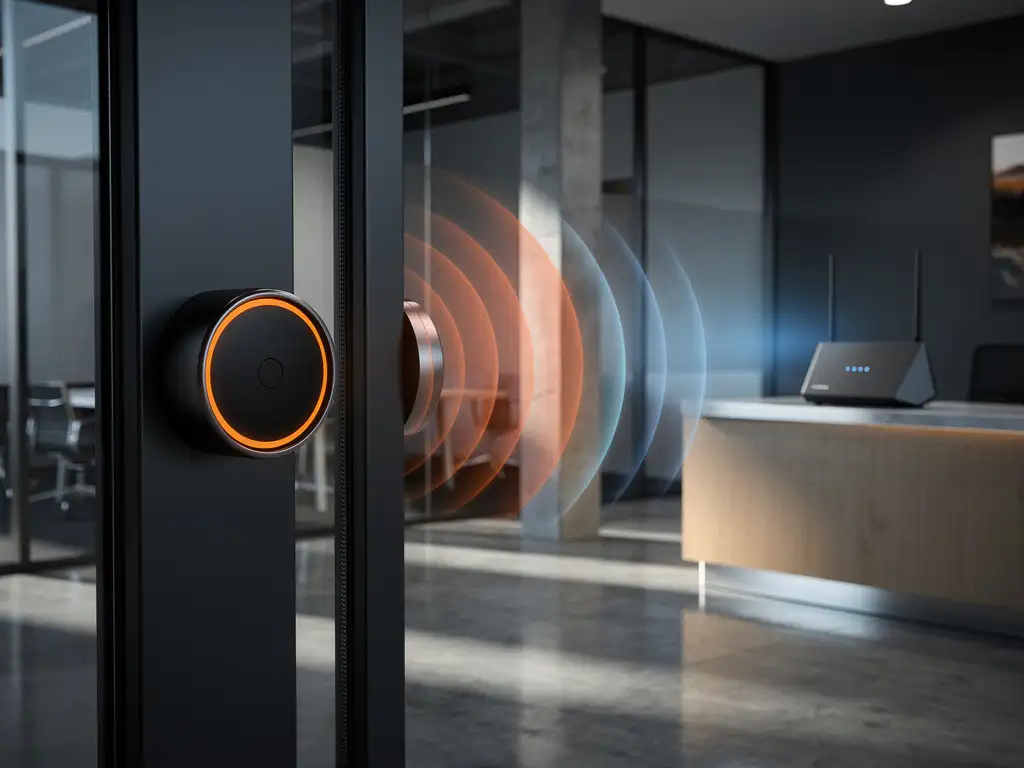 Wireless doorbell with orange LED mounted beside glass office entrance, WiFi router with blue lights on reception desk nearby