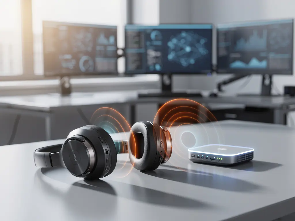 Wireless headphones on office desk beside glowing WiFi router with electromagnetic waves, network monitors in background