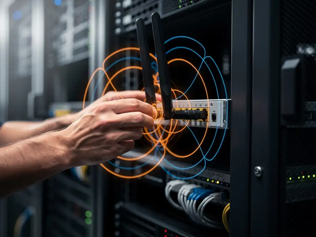 Network technician adjusting wireless router antennas on server rack with overlapping orange and blue radio frequency interference patterns in professional data center