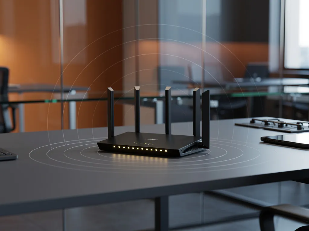 High-end wireless router with multiple antennas on modern desk, amber LED indicators glowing, electromagnetic waves visualized as curved lines in corporate office setting