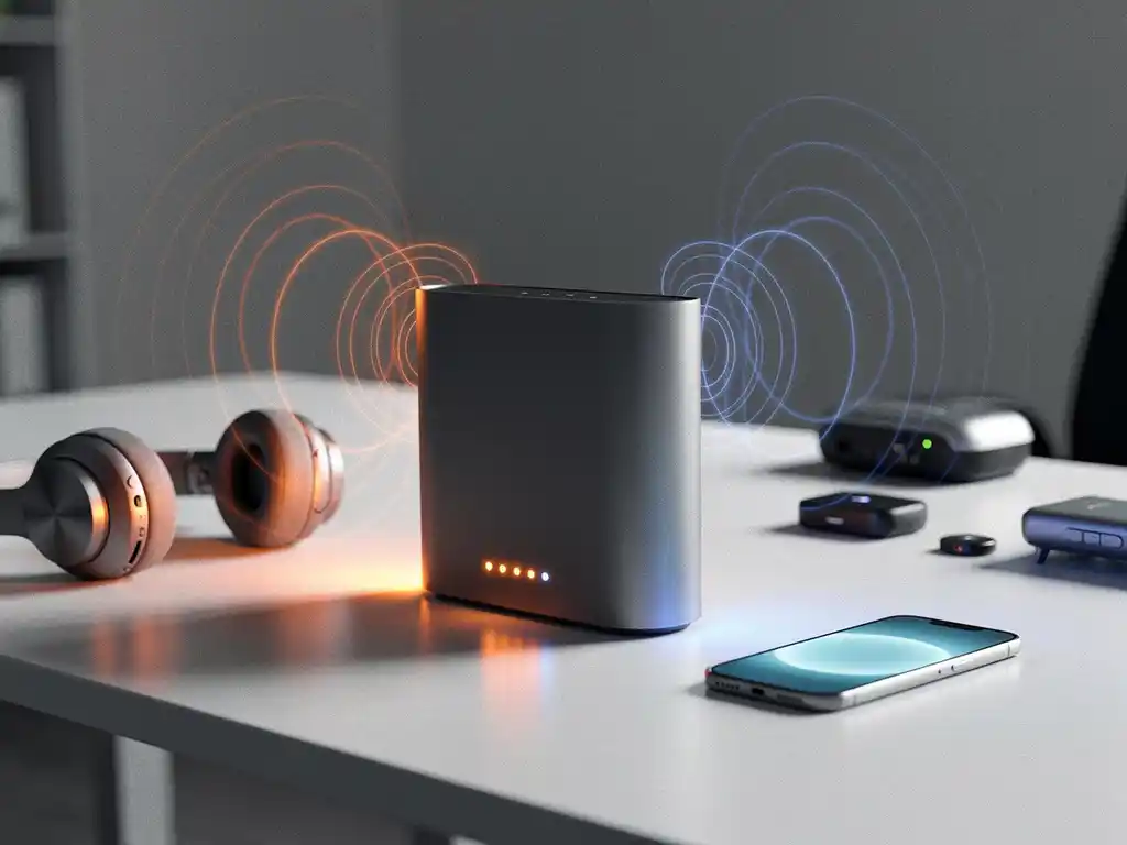 Wireless router with glowing LEDs on office desk surrounded by Bluetooth headphones and smartphone with electromagnetic wave patterns