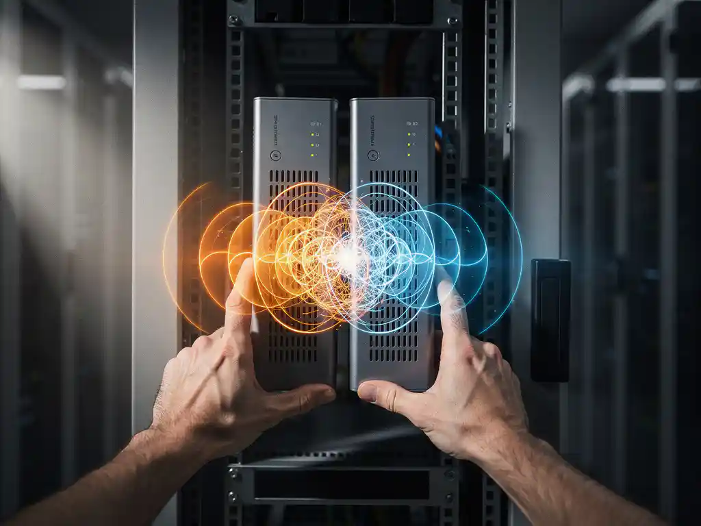 Network engineer adjusting two wireless routers on server rack with overlapping orange and blue radio wave interference patterns in professional data center