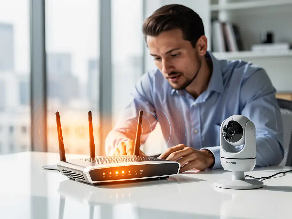 IT technician examining wireless router with orange LED indicators next to security camera on white desk in modern office