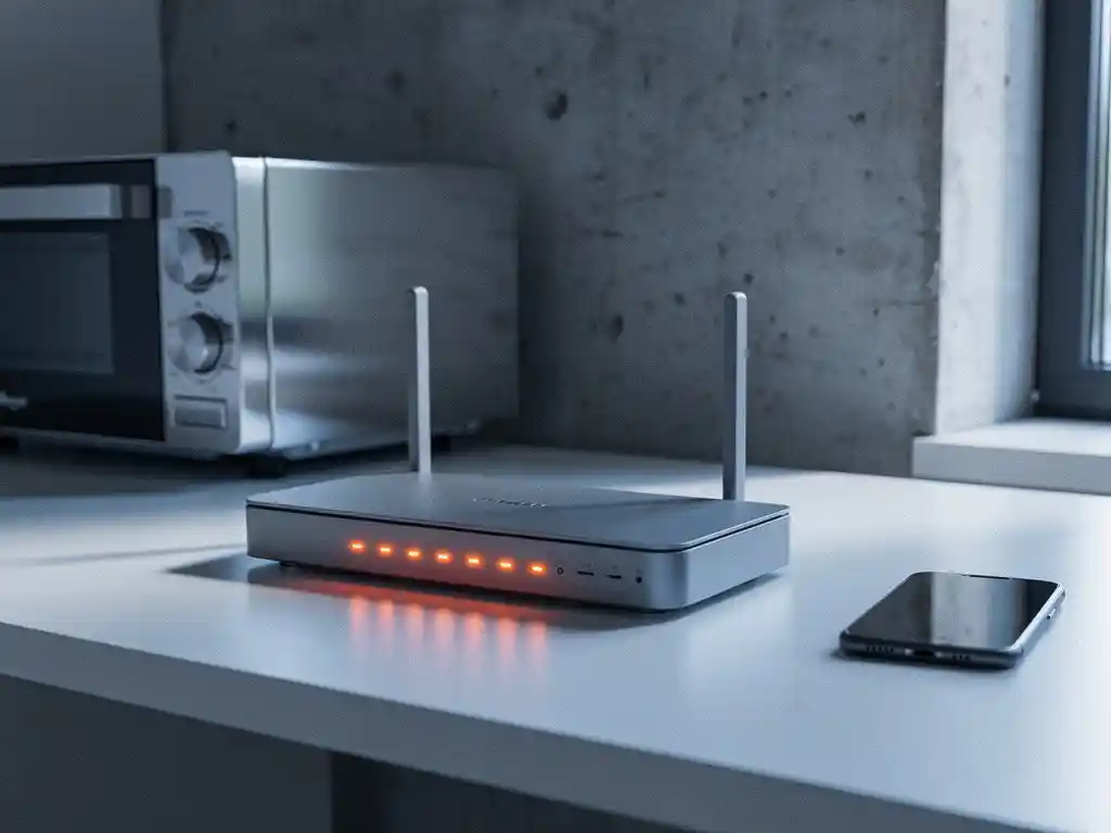 Wireless router with glowing LED indicators on office desk near microwave, smartphone, and concrete wall showing interference sources