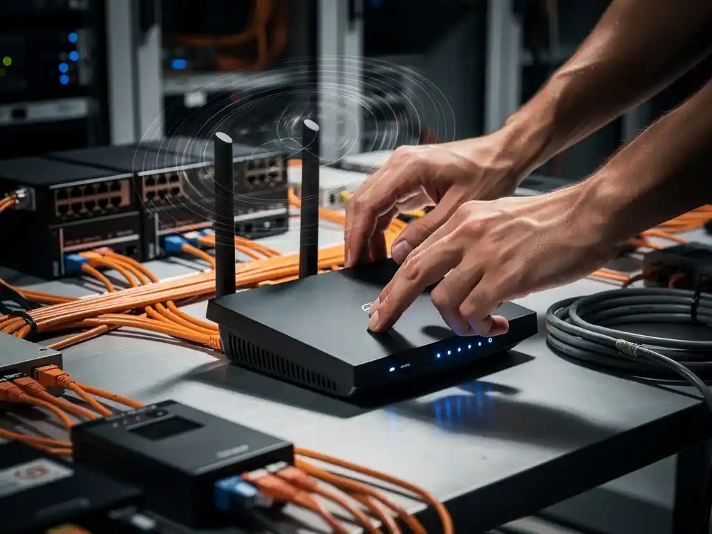 IT technician adjusting wireless router on data center workbench with electronic devices, orange cables and blue LED lights