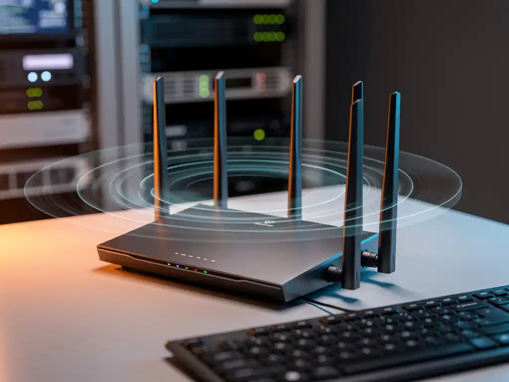 Modern wireless router with multiple antennas on office desk displaying translucent interference wave patterns in professional IT workspace
