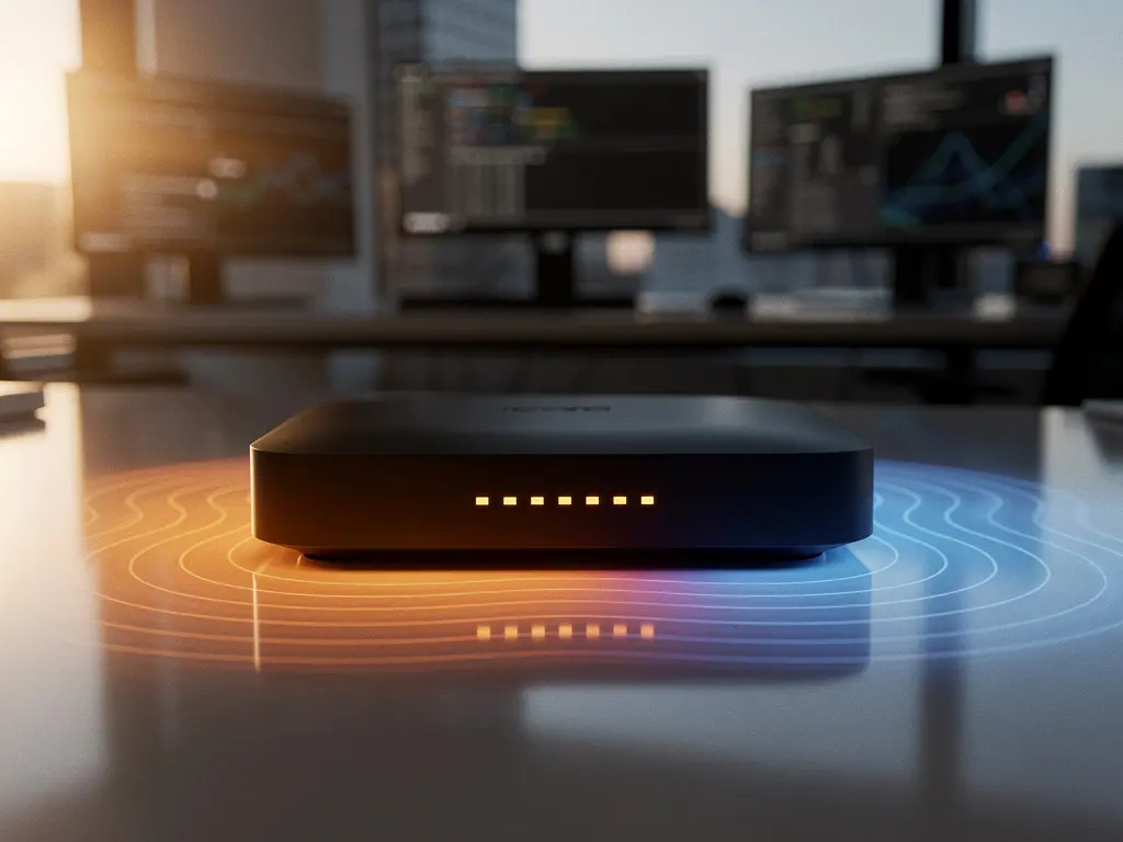 Wireless router with glowing LED indicators on modern office desk, casting orange to blue light with subtle interference patterns
