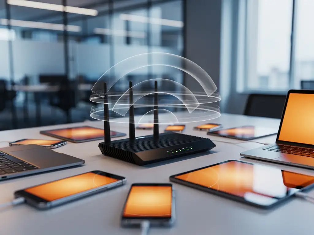 Black wireless router on cluttered office desk surrounded by smartphones, tablets, and laptops with visible wifi signal waves and warm screen glow in modern workspace
