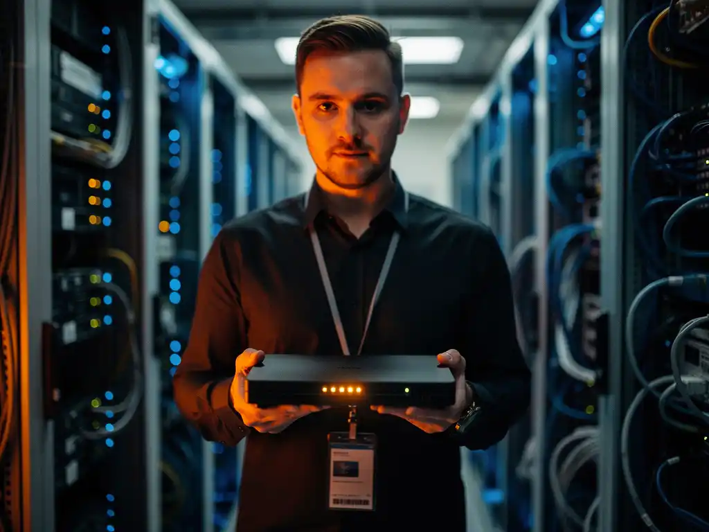 IT technician holding wireless router with orange LED status lights in modern data center with servers in background