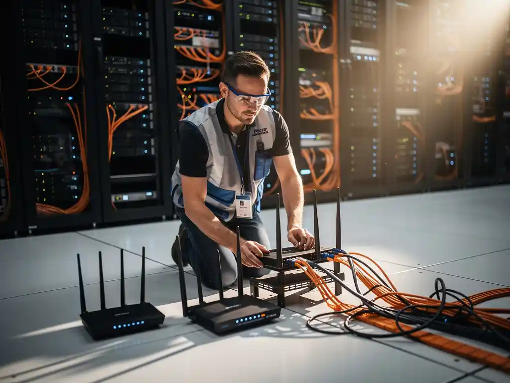 IT technician adjusting wireless router antennas in modern data center with black server racks and orange cable management systems