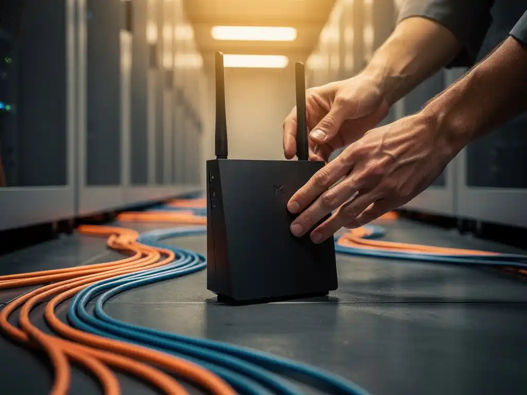 IT technician adjusting wireless router antenna with orange and blue ethernet cables on server room floor