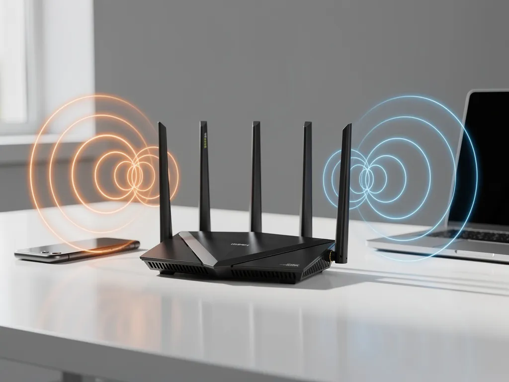 Modern wireless router with multiple antennas on white desk showing colorful signal interference patterns from nearby smartphone and laptop