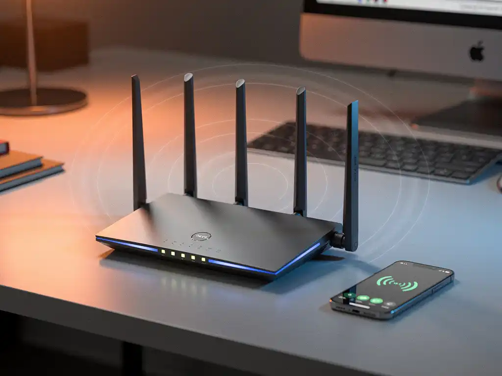 Wireless router with multiple antennas on office desk showing signal interference patterns, smartphone displaying weak connectivity bars nearby