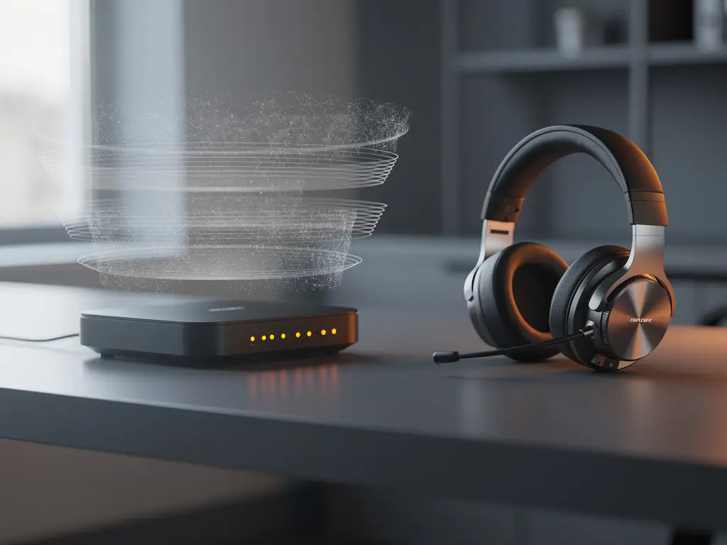 Wireless router with orange LED lights on office desk showing signal interference patterns, headset nearby indicating connectivity issues