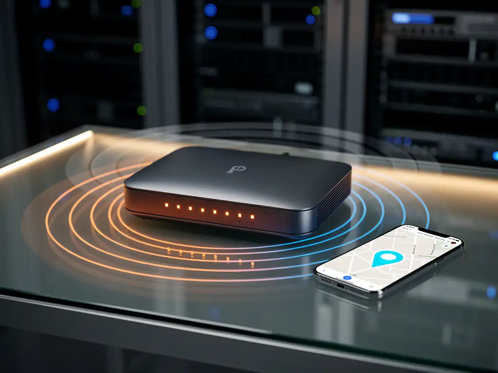 Wireless router with orange LED lights on glass desk displaying signal waves, smartphone with location pin nearby in professional IT workspace