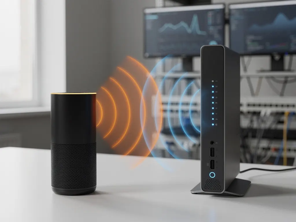 Wireless speaker and wifi router on white desk showing orange and blue signal interference patterns in modern office setting